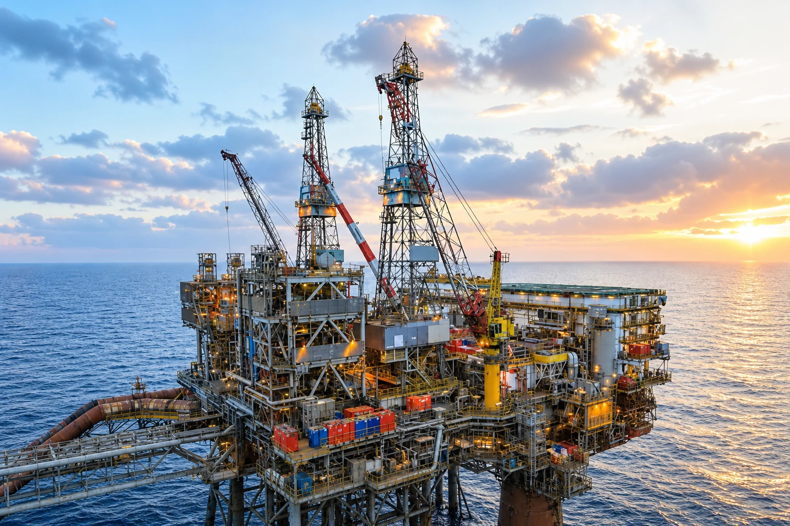 Offshore oil platform at sunset